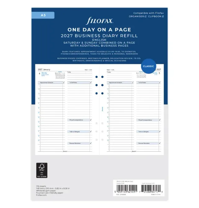 Filofax Classic recharge agenda 2027 1 jour par page A5 anglais