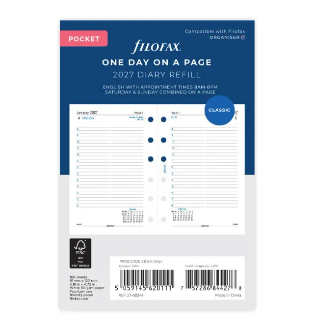 Filofax Classic recharge 2027 Pocket 1 jour par page anglais