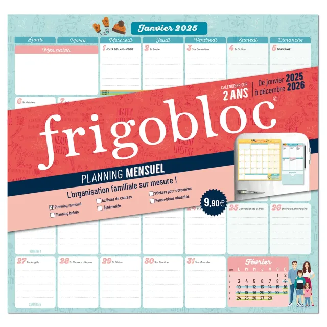 Frigobloc Planning Mensuel 2 ans calendrier frigo 2025-2026