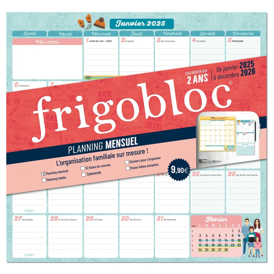 Frigobloc Planning Mensuel 2 ans calendrier frigo 2025-2026
