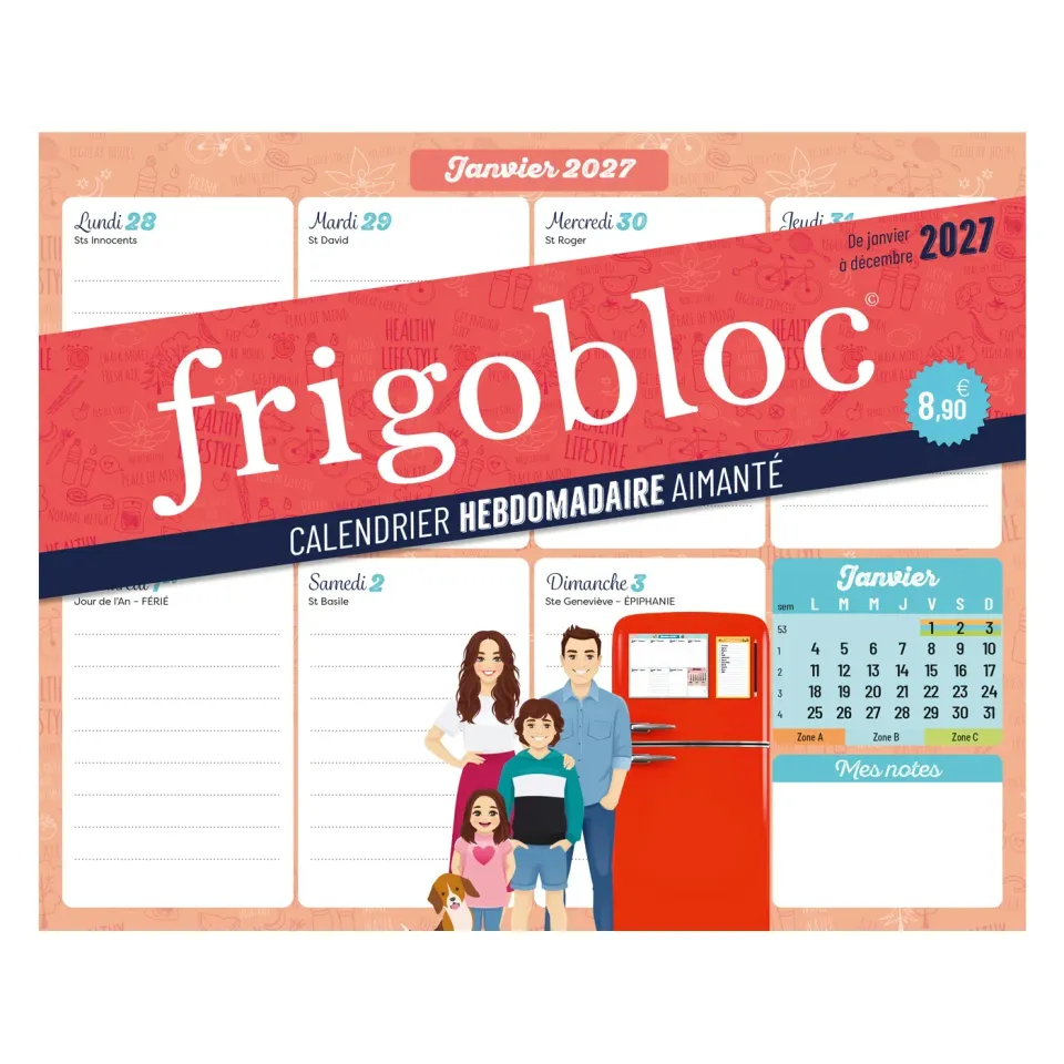 Frigobloc Planning hebdomadaire calendrier familial 2027 aimanté