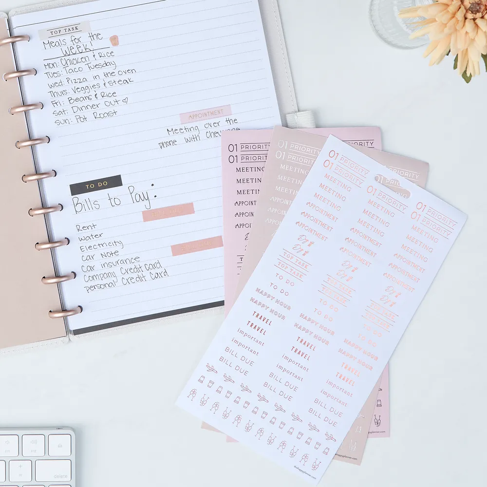 Happy Planner Work + Life Ivory stickers 8 feuilles rappel doré