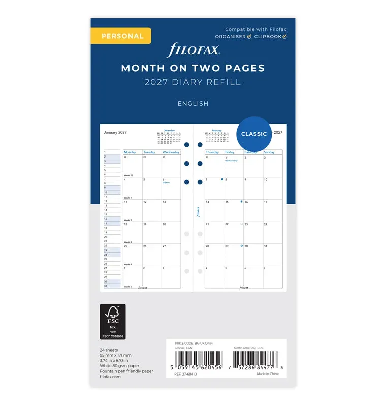 Filofax Personal recharge mensuelle 2027 anglais