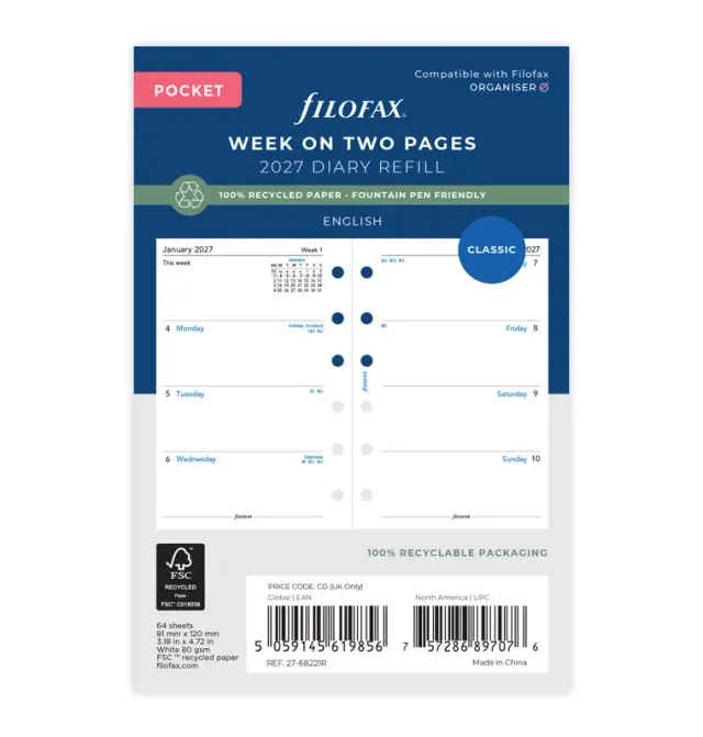 Filofax Classic recharge 2027 semaine 2 pages pocket recyclé