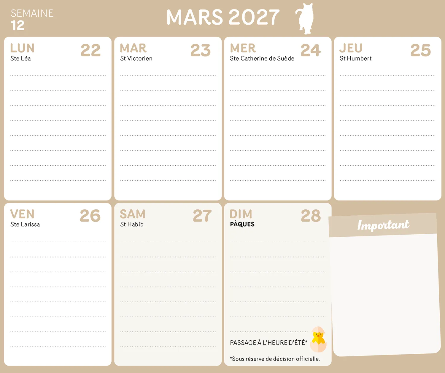 Frigobloc Hebdomadaire Chat 2027 calendrier familial 16 mois
