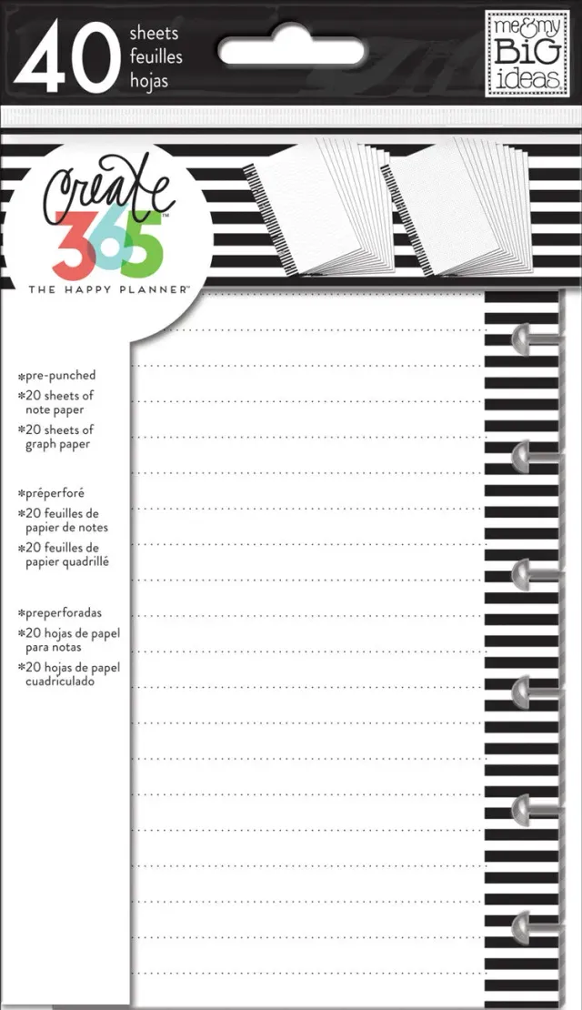 Happy Planner B&W stripes Mini recharge papier ligné et quadrillé 40 feuilles