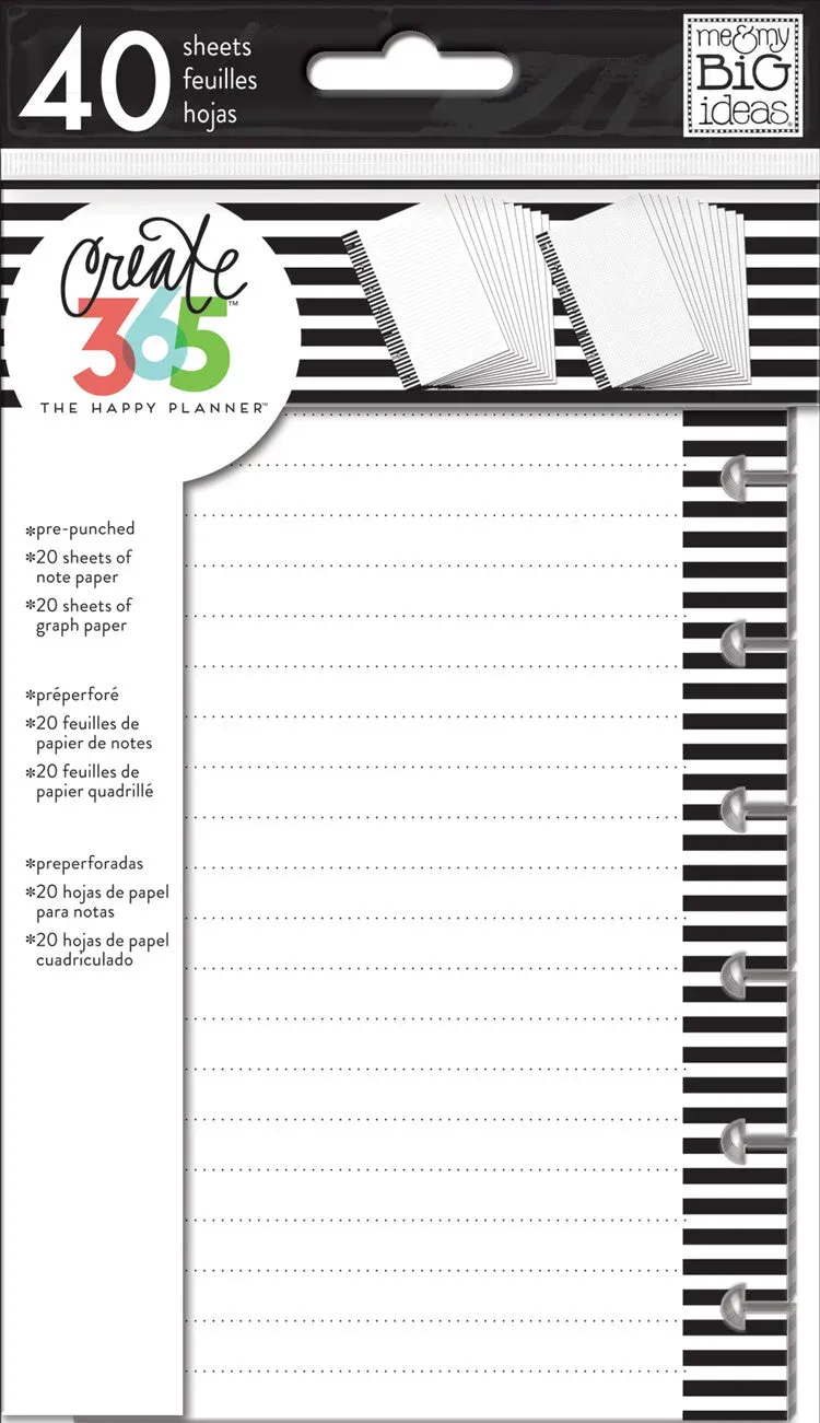 Happy Planner B&W stripes Mini recharge papier ligné et quadrillé 40 feuilles