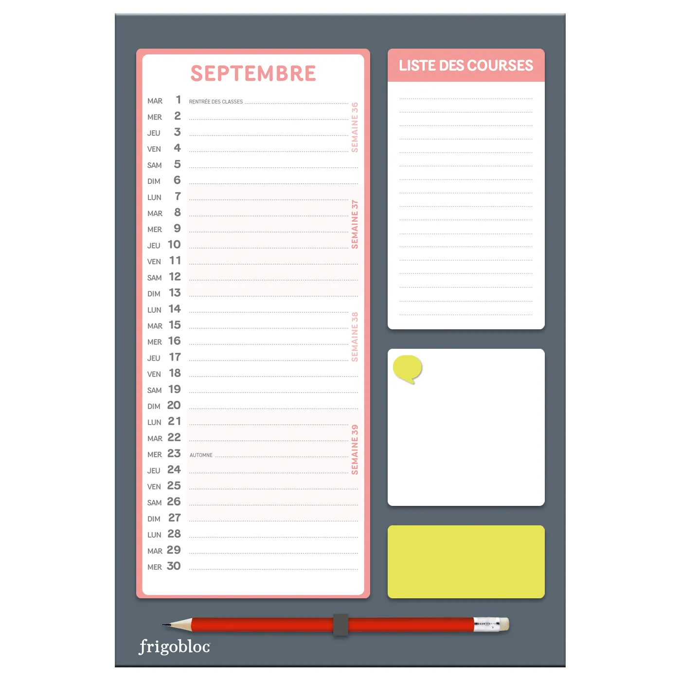 Frigobloc Mensuel Compact 2027 calendrier familial sept 2026-déc 2027