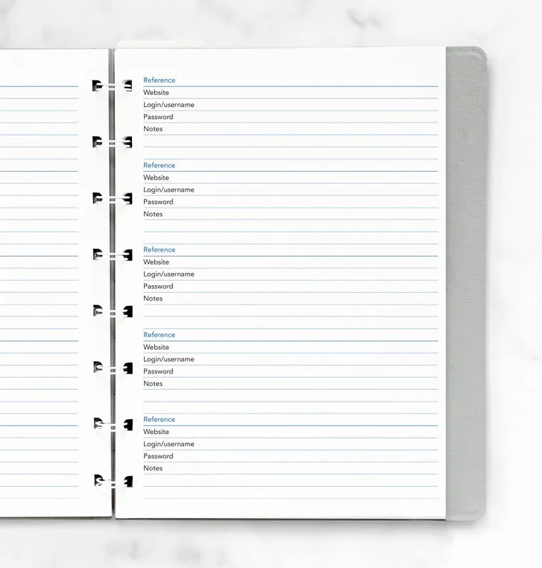 Filofax Classic A5 recharge mots de passe carnet