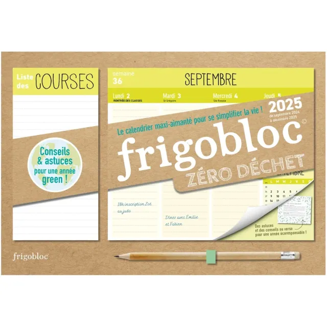 Mini Frigobloc Hebdomadaire 2025 calendrier frigo zéro déchet 16 mois