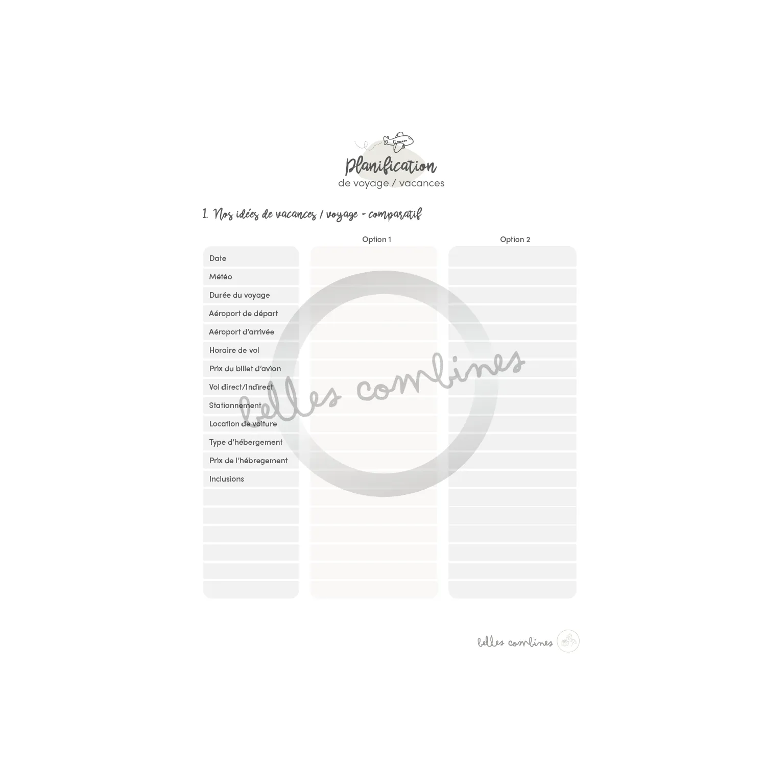 Les Belles Combines Guide planification vacances fiche à imprimer française
