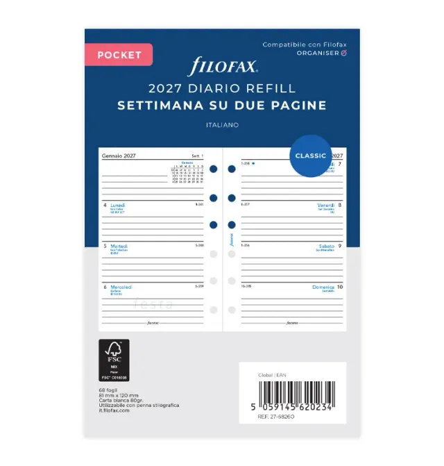 Filofax 68260 recharge agenda 2027 Pocket semaine sur 2 pages italien