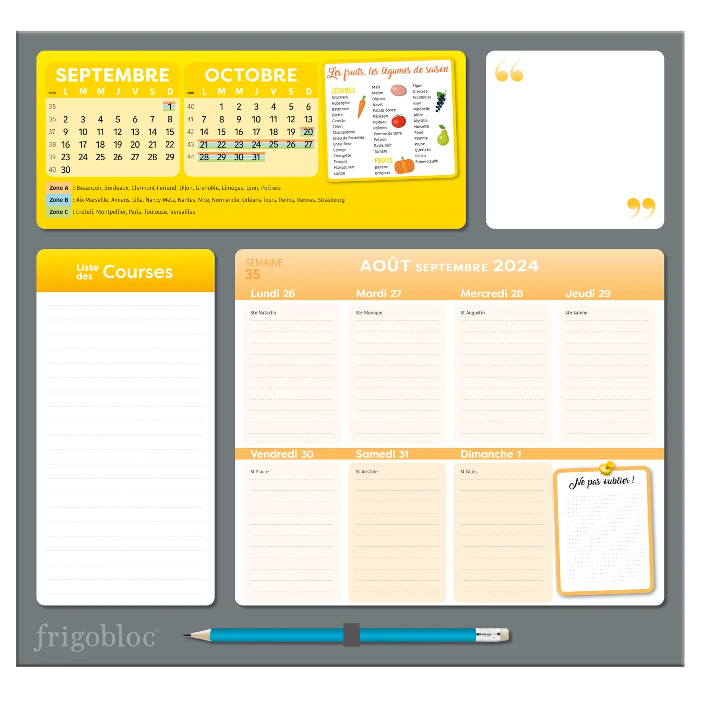 Frigobloc Hebdomadaire 2025 calendrier familial aimanté semaine