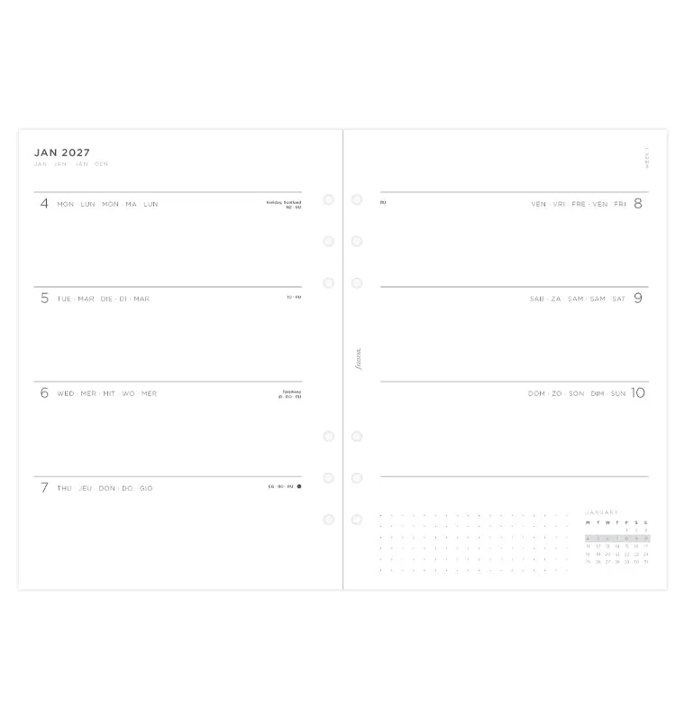Filofax Minimal agenda semainier A5 2027 multilingue
