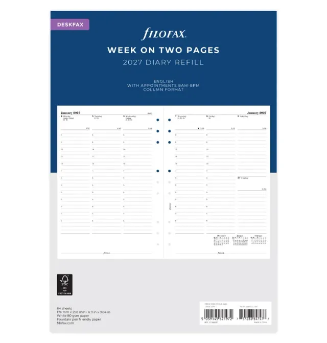 Filofax Classic Deskfax 2027 recharge semaine 2 pages anglais