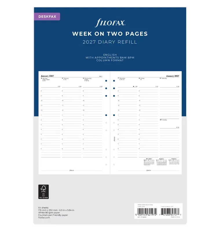 Filofax Classic Deskfax 2027 recharge semaine 2 pages anglais