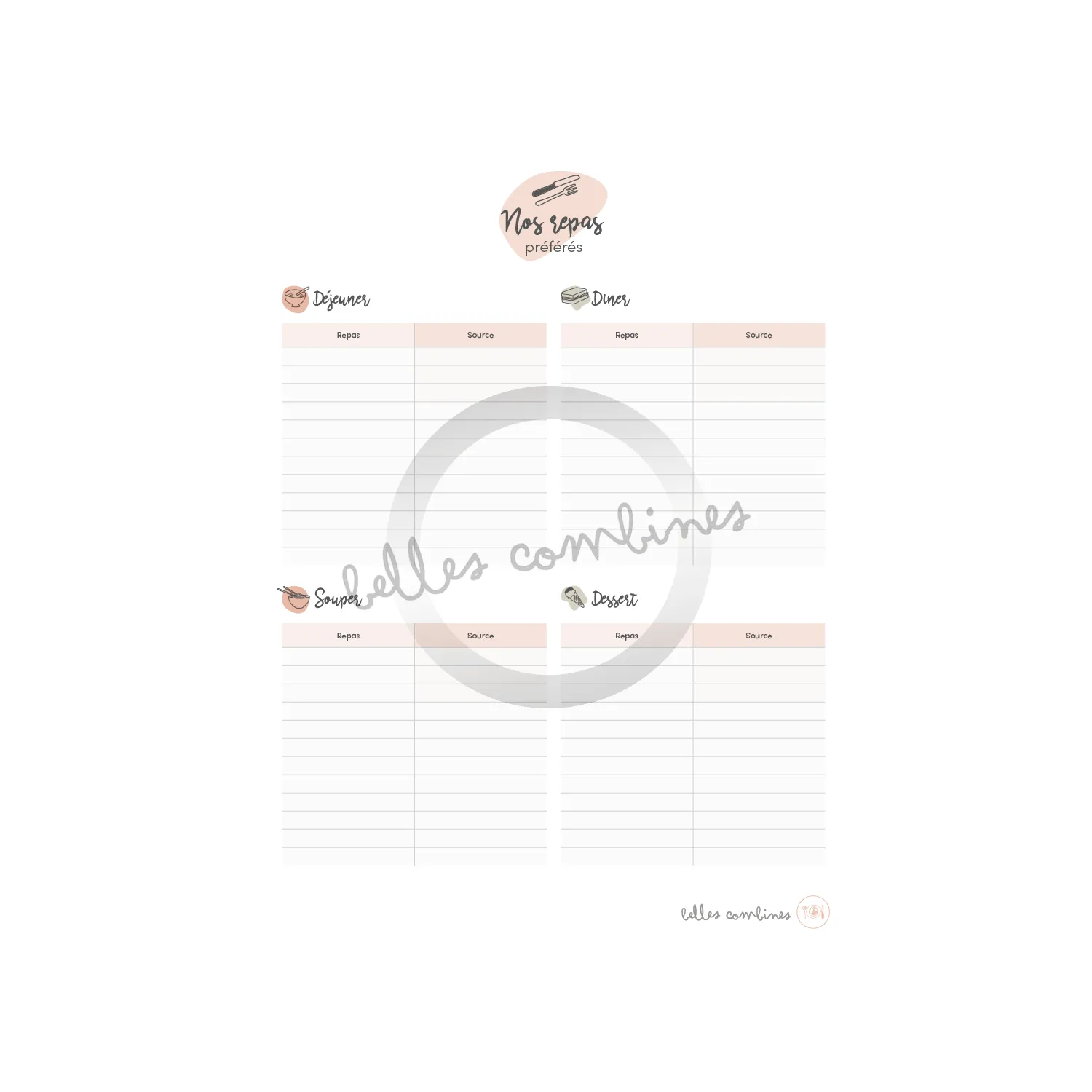 Les Belles Combines Repas préférés de la famille fiche menu française