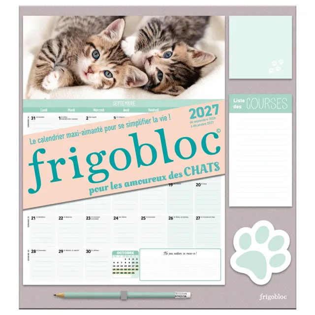 Frigobloc Mensuel Chats 2027 calendrier familial sept 2026-déc 2027