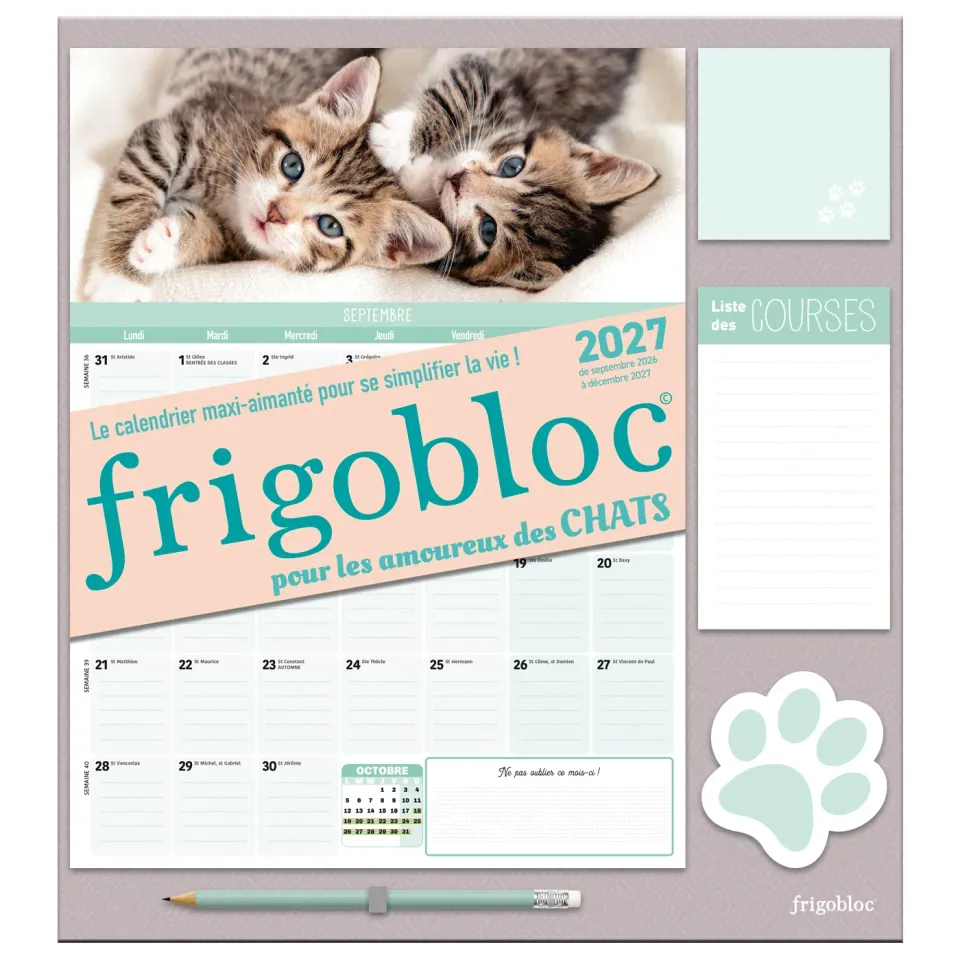 Frigobloc Mensuel Chats 2027 calendrier familial sept 2026-déc 2027