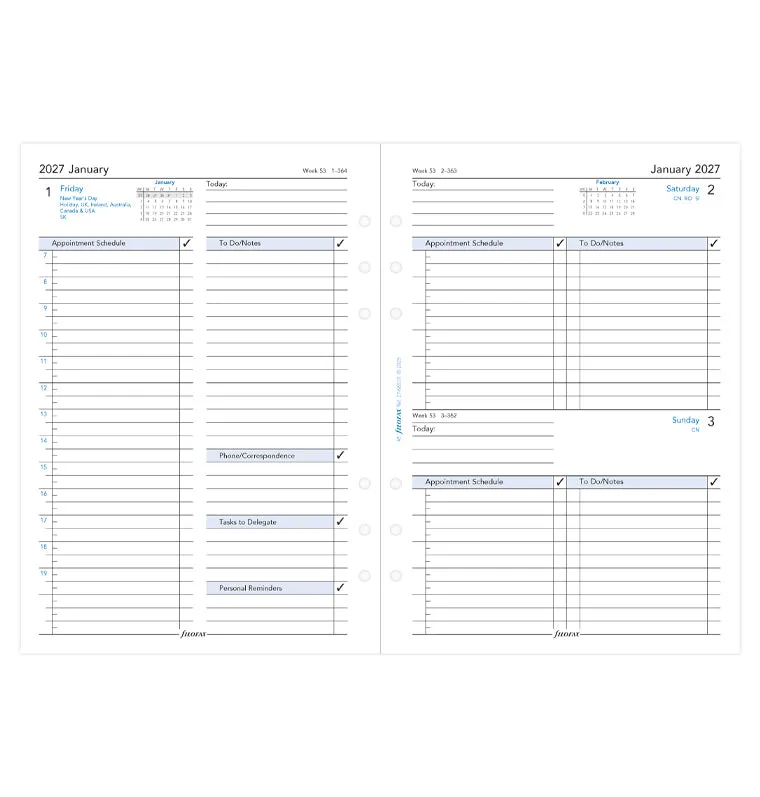 Filofax Classic recharge agenda 2027 1 jour par page A5 anglais