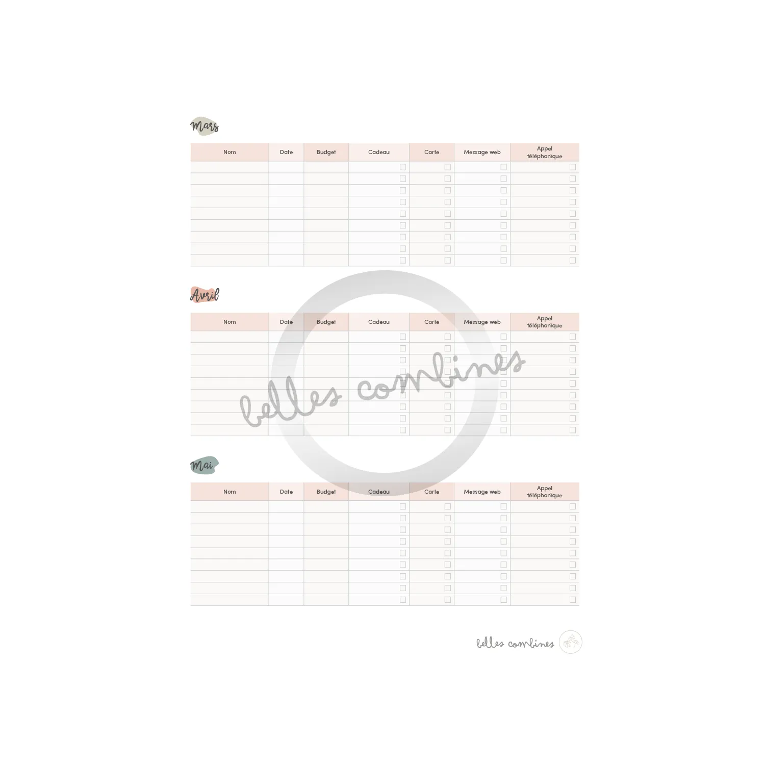 Les Belles Combines Calendrier anniversaires fiche française fêtes