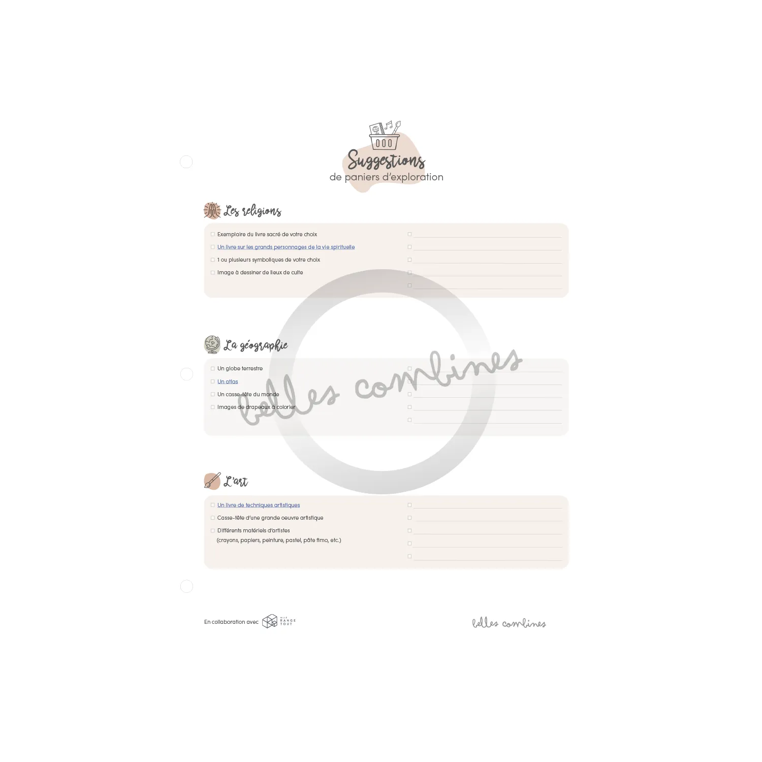 Les Belles Combines Paniers d'exploration fiche activités à imprimer