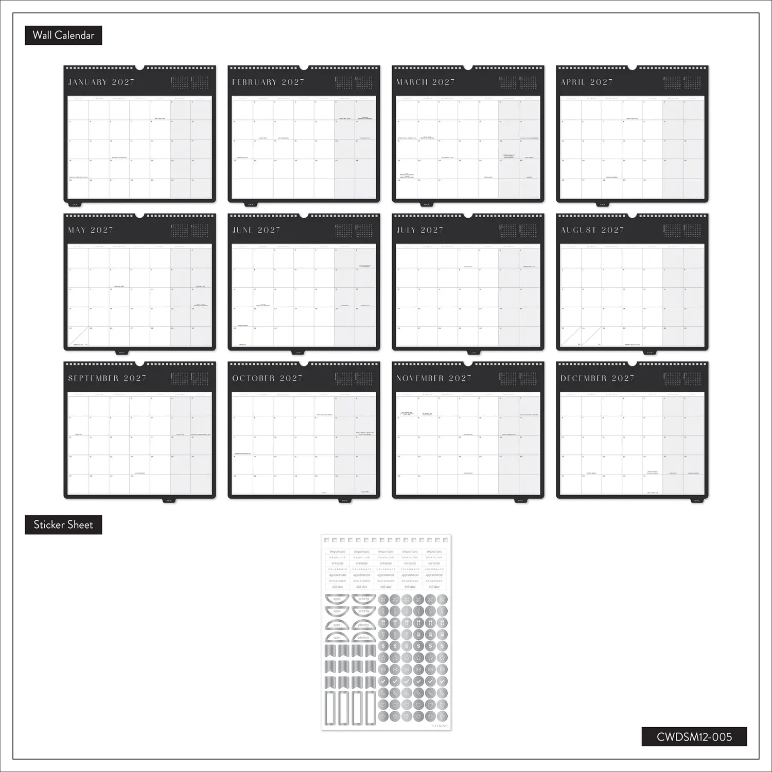 Happy Planner Citrine Midnight calendrier mural 2027 petit