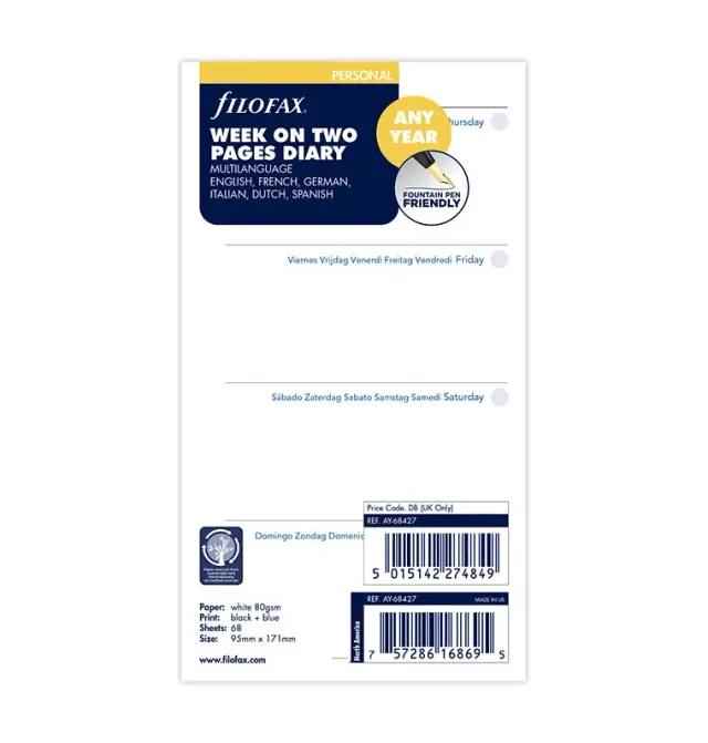Filofax Classic recharge Personal semaine 2 pages any year