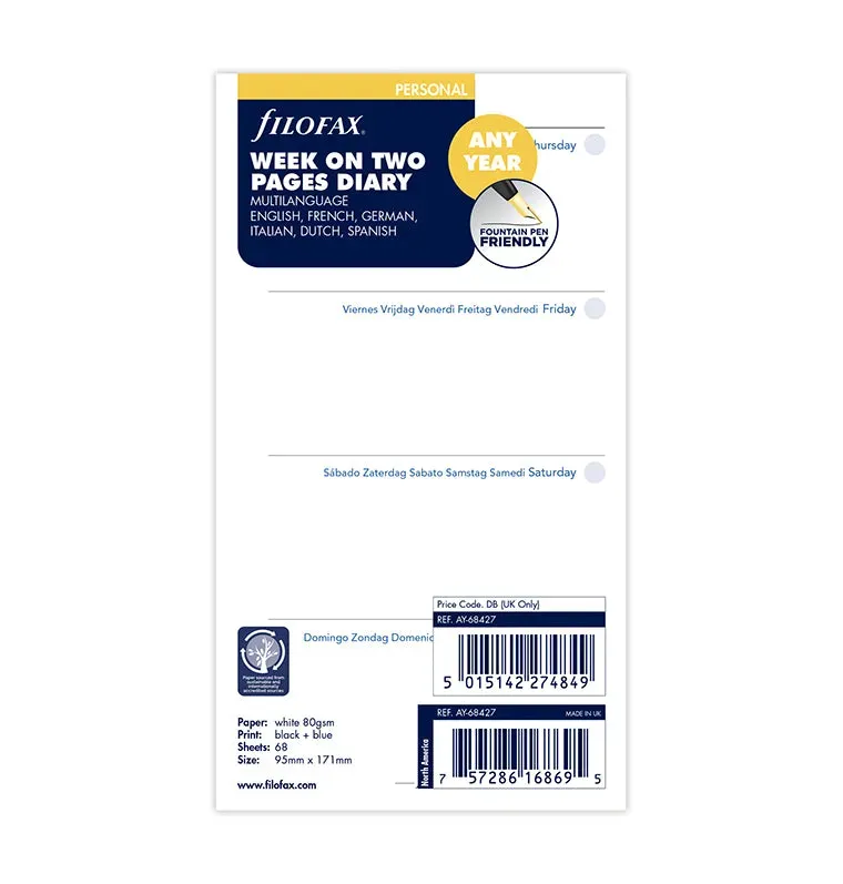 Filofax Classic recharge Personal semaine 2 pages any year
