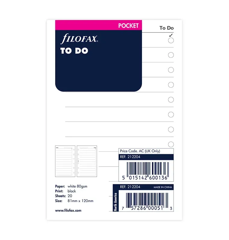 Filofax Pocket To Do recharge 20 feuilles à cocher