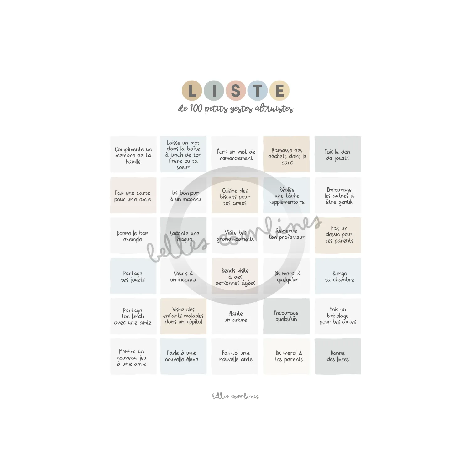 Les Belles Combines Bingo des petits gestes altruistes à imprimer