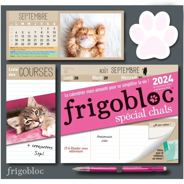 Frigobloc Hebdomadaire 2024 Chats calendrier familial aimanté 16 mois