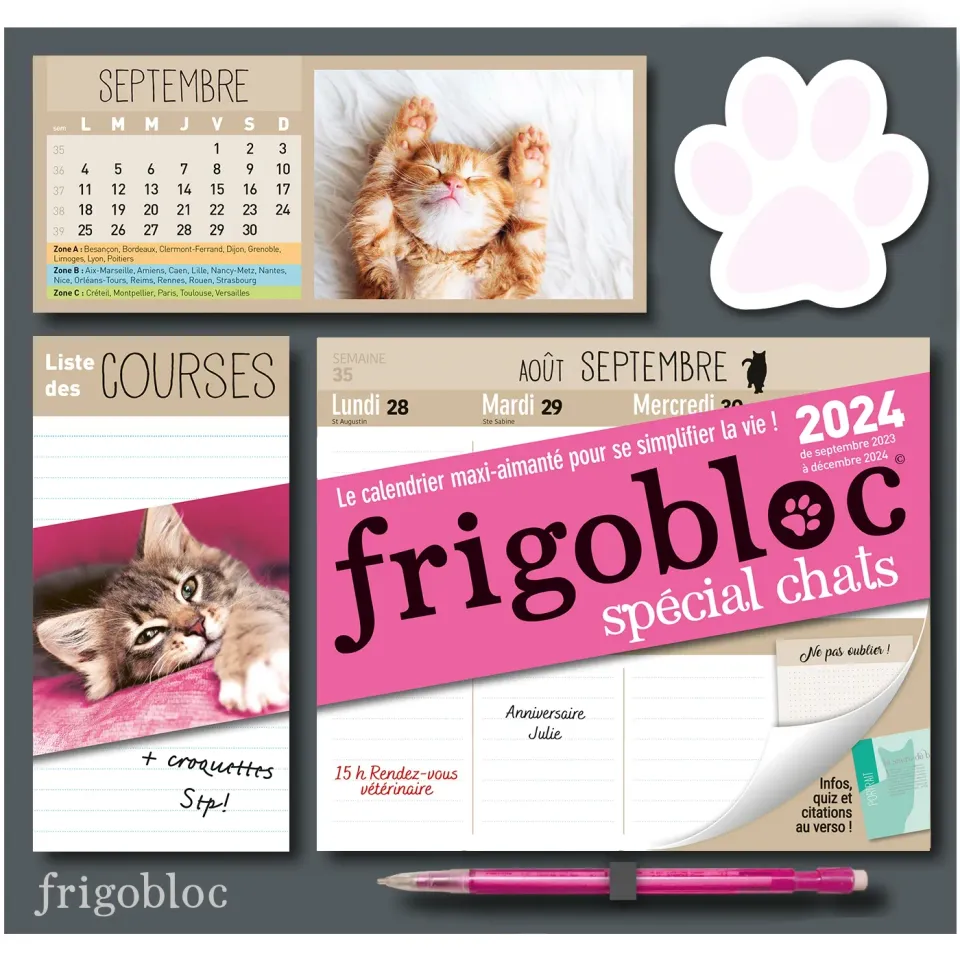 Frigobloc Hebdomadaire 2024 Chats calendrier familial aimanté 16 mois