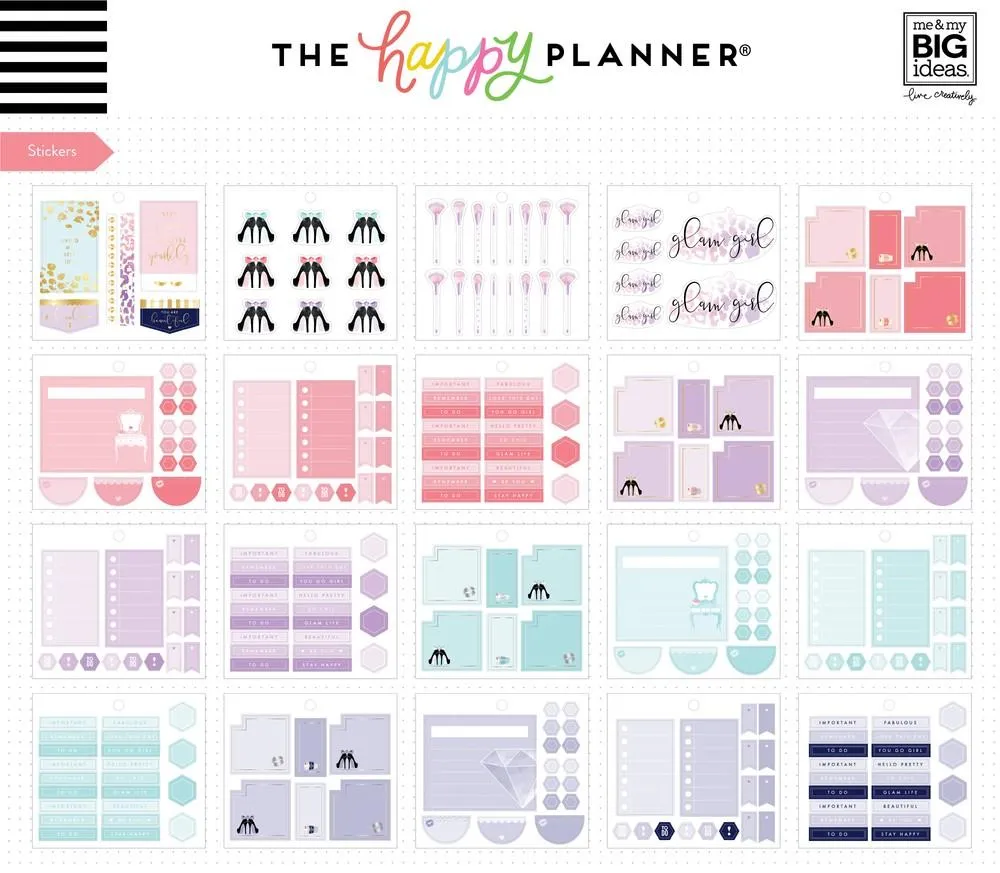 Happy Planner pack accessoires Glam Girl stickers et notes 3 en 1