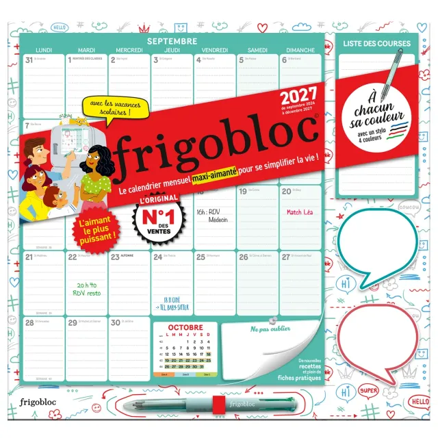 Frigobloc Mensuel 4 couleurs 2027 calendrier familial aimanté
