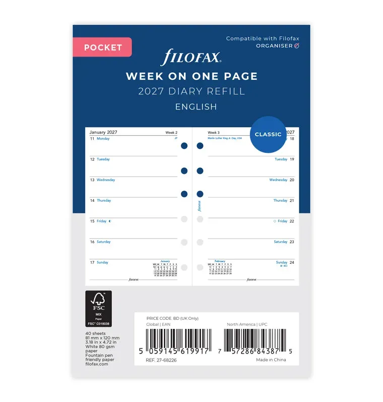 Filofax recharge agenda pocket 2027 semaine 1 page