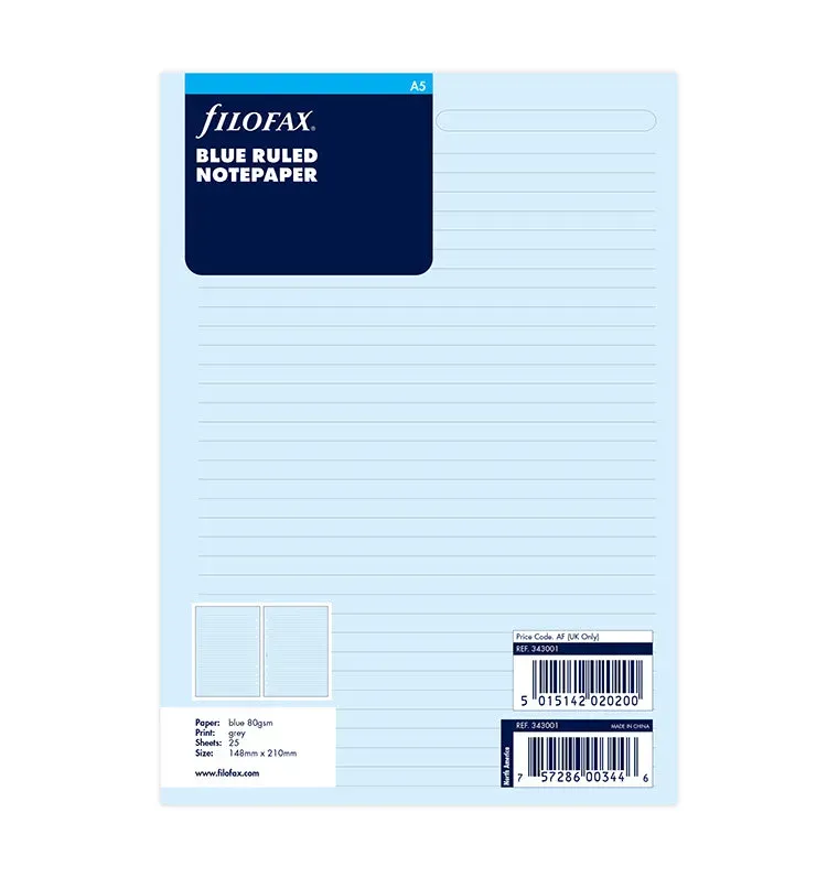 Filofax Classic recharge A5 feuilles lignées bleues x25