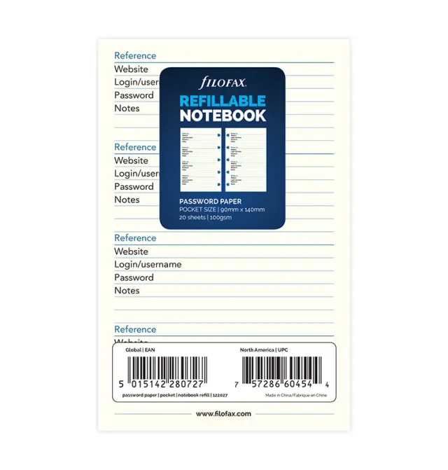 Filofax Classic Notebook Pocket recharge passwords