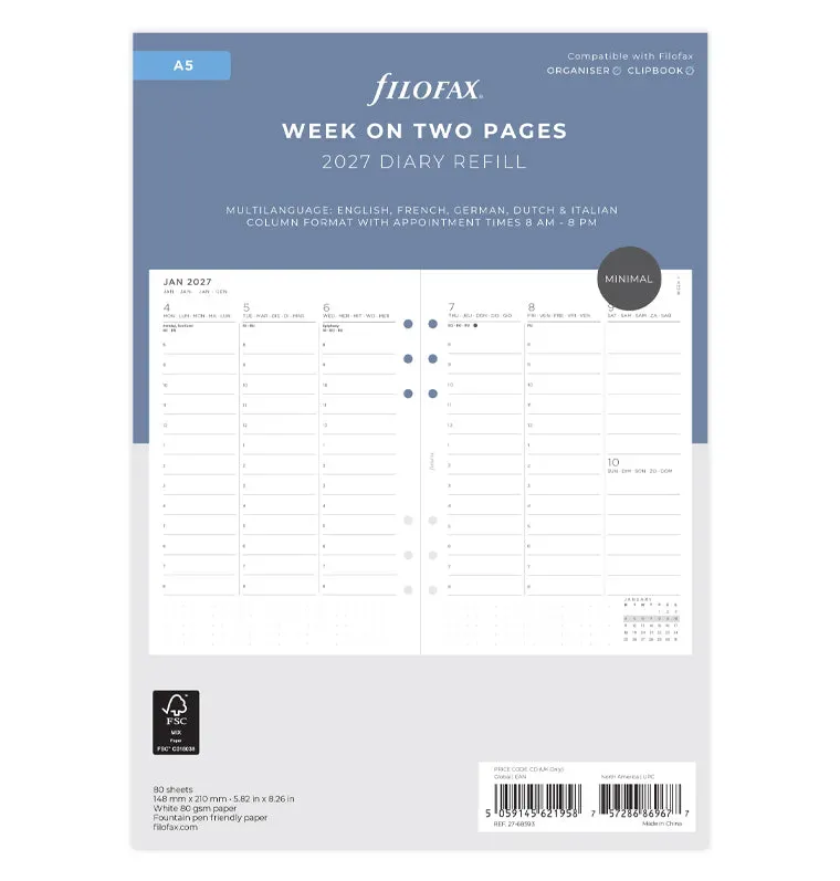 Filofax Minimal recharge agenda 2027 A5 verticale