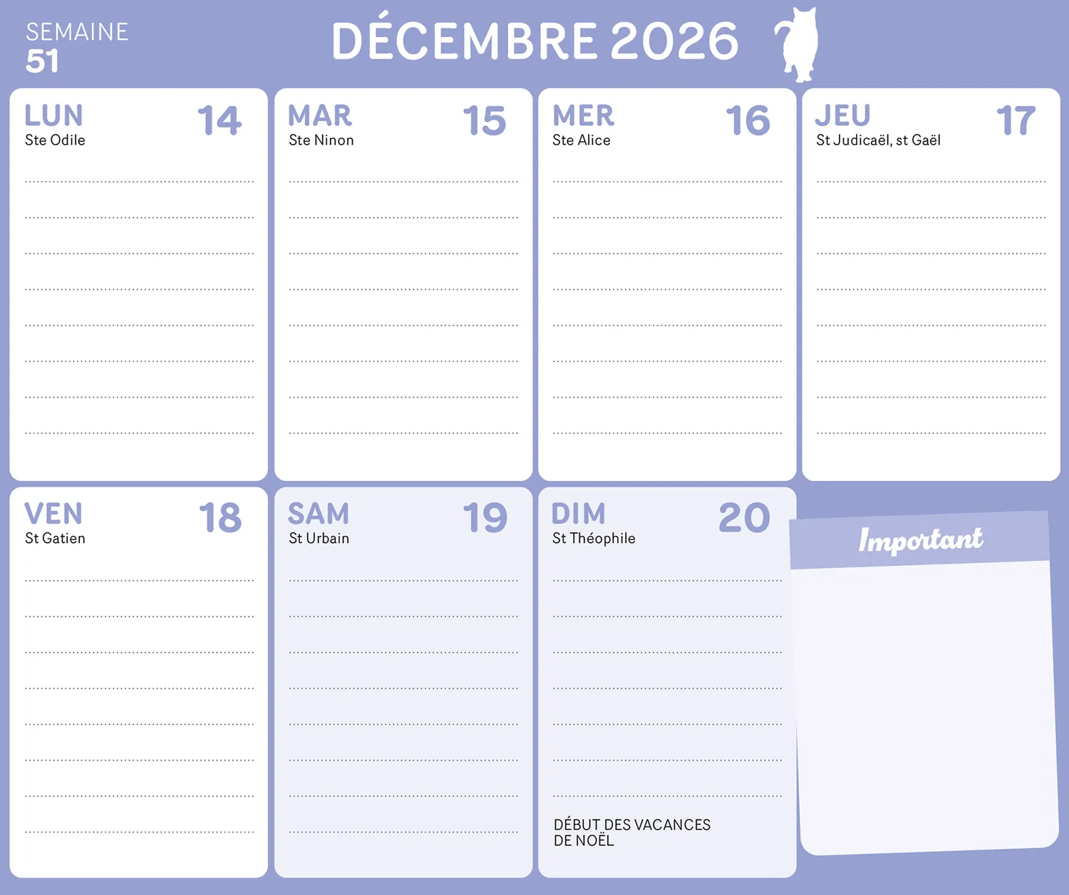 Frigobloc Hebdomadaire Chat 2027 calendrier familial 16 mois