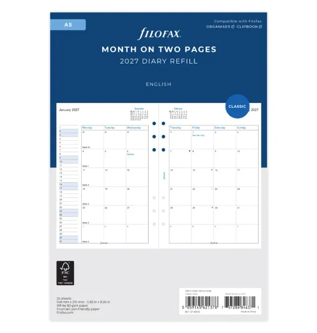 Filofax recharge agenda mensuel A5 2027 anglais 2 pages