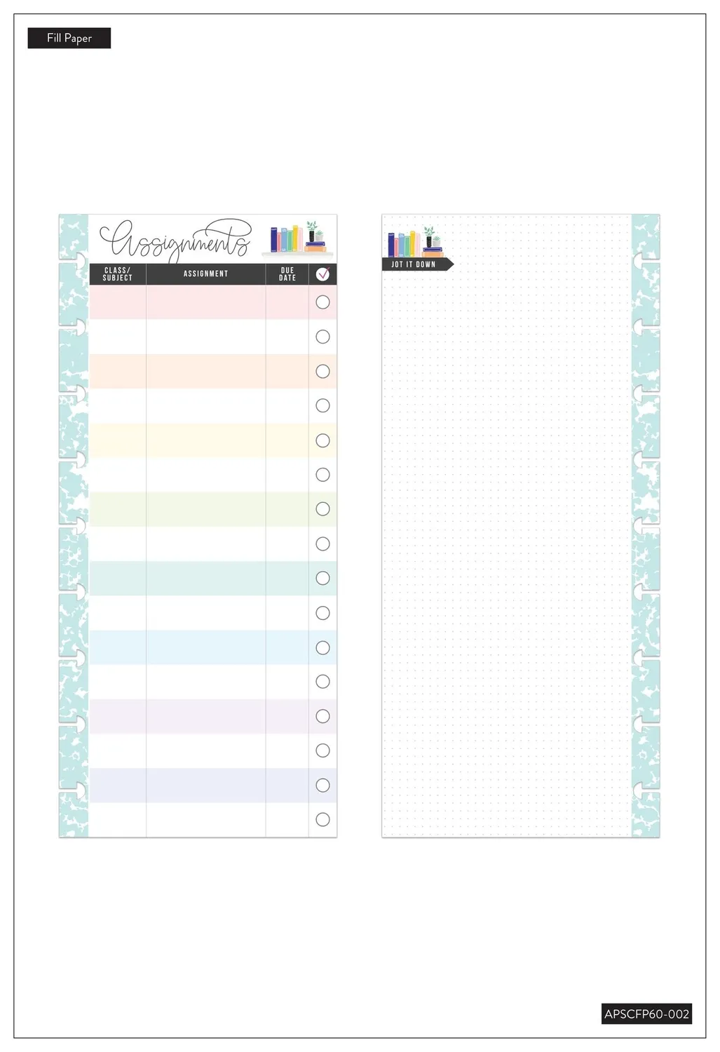 Happy Planner Rainbow Student Assignments demi-page recharge devoirs 60 feuilles