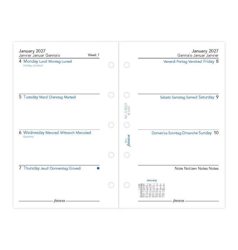 Filofax Mini recharge agenda semainier 2027 multilingue