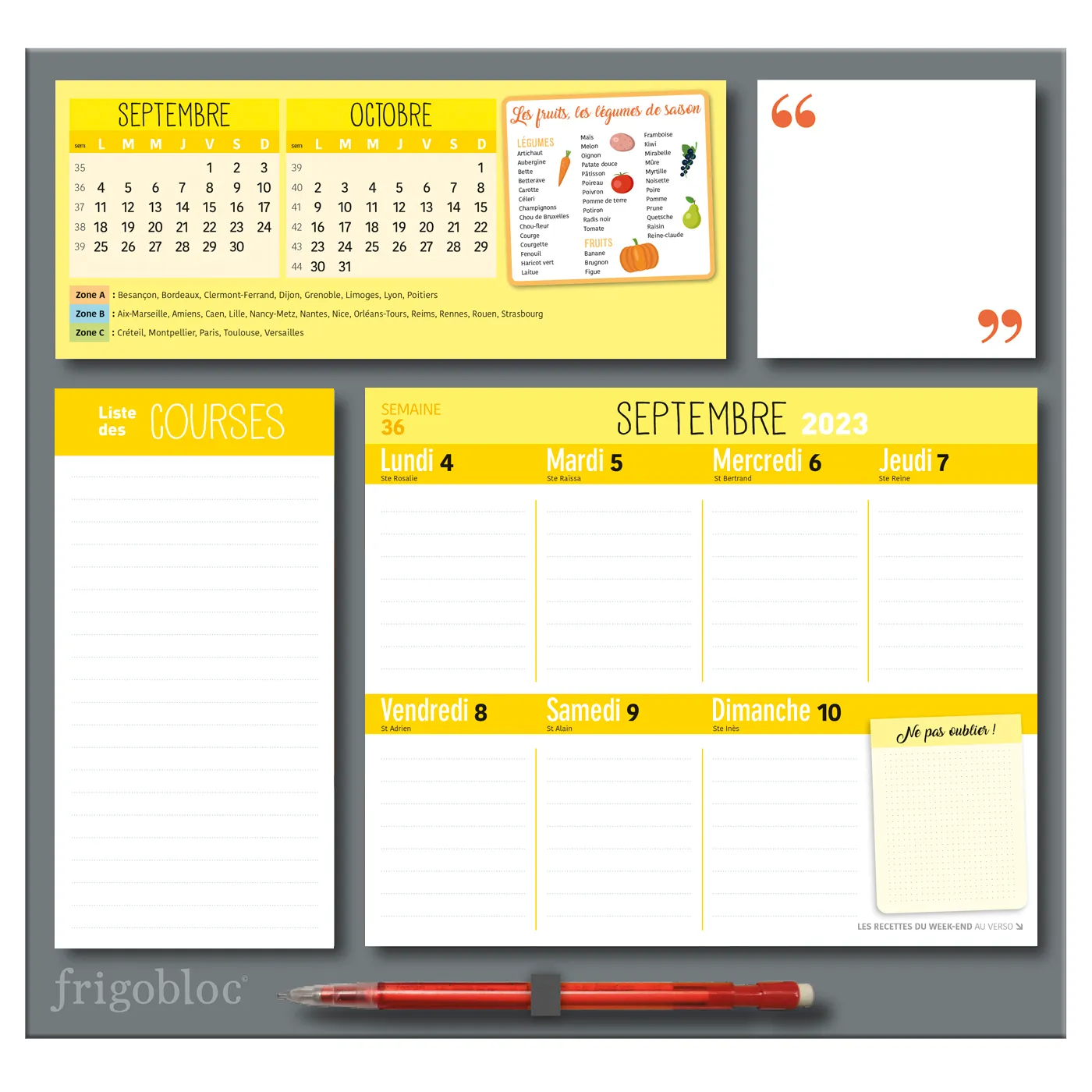 Frigobloc Hebdomadaire 2024 calendrier familial à aimant frigo