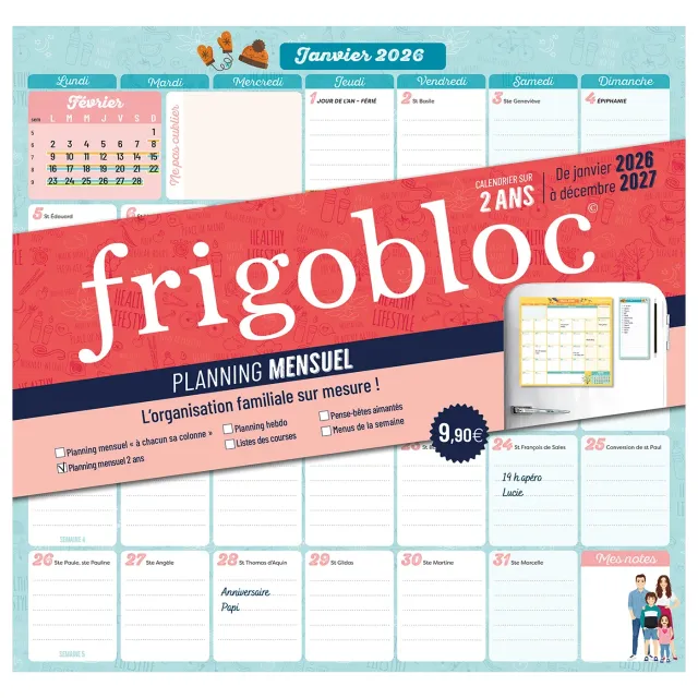 Frigobloc Planning Mensuel 2026-2027 calendrier 2 ans