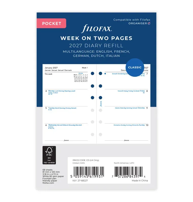 Filofax Classic recharge agenda 2027 pocket multilingue