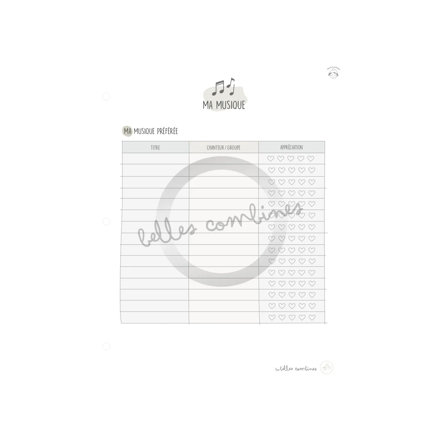 Les Belles Combines Suggestions musicales enfants fiche à imprimer