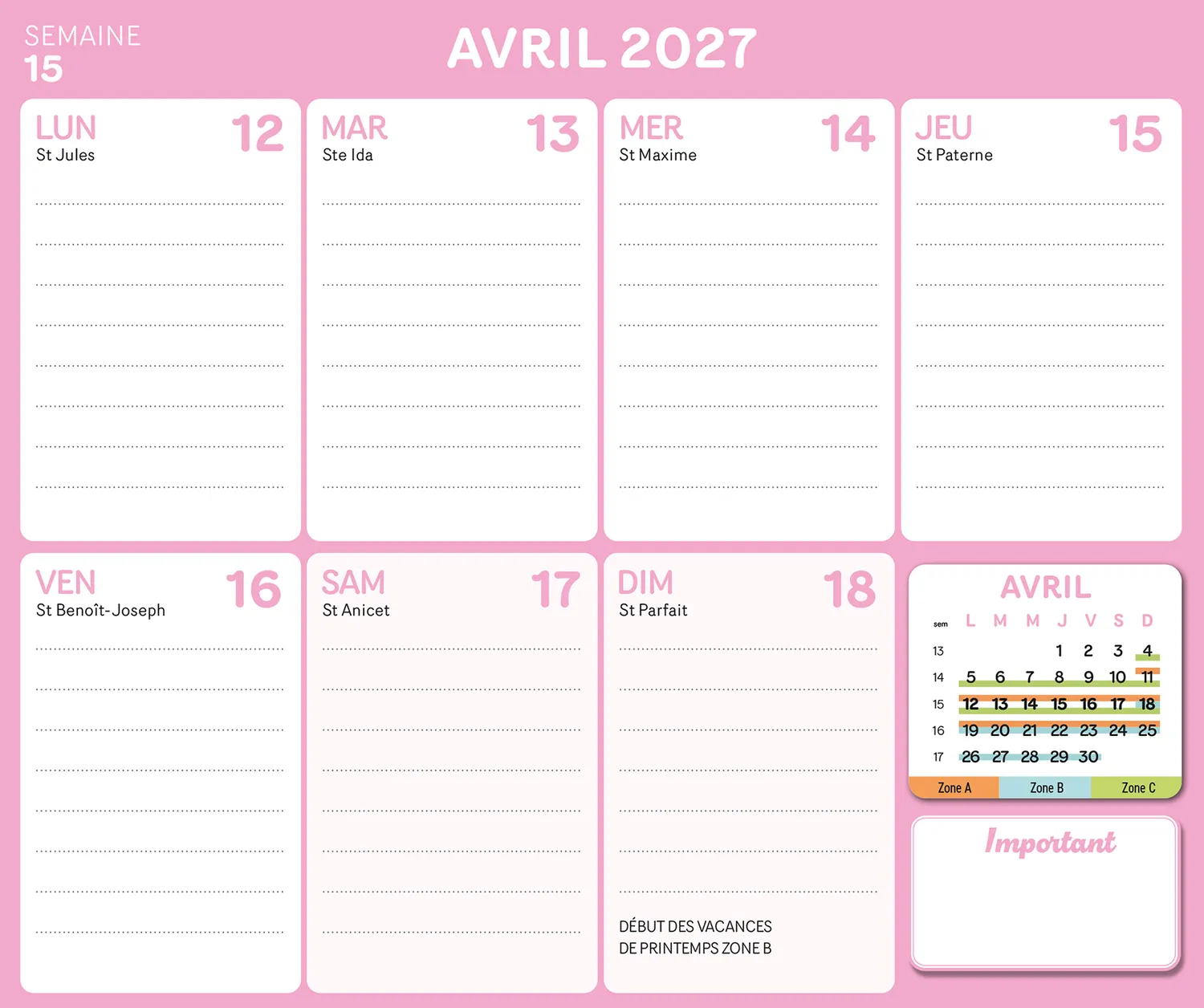Frigobloc Mini Hebdo Zen 2027 calendrier familial aimanté