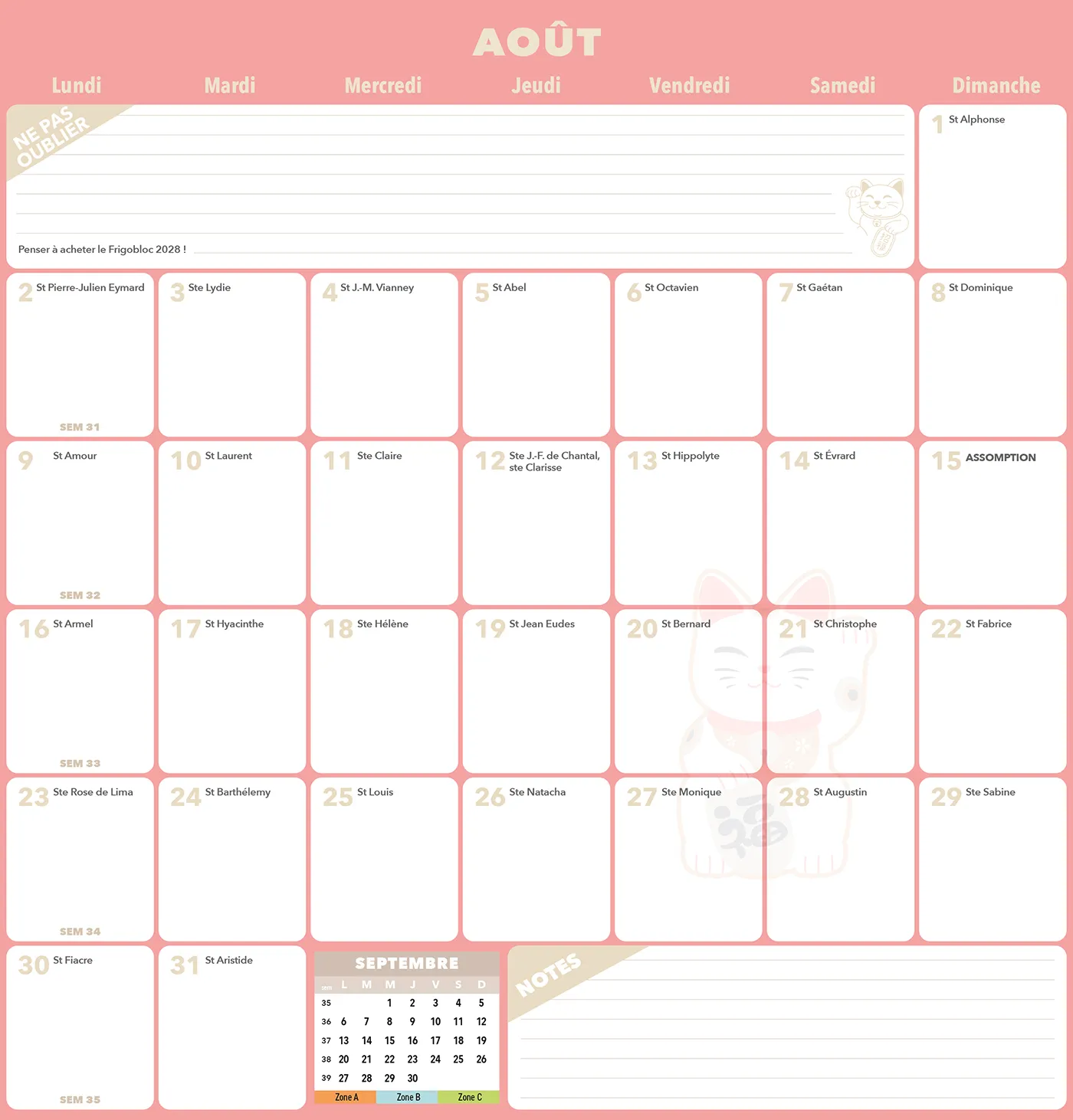 Frigobloc Mensuel 2027 Déco Chats calendrier familial aimanté