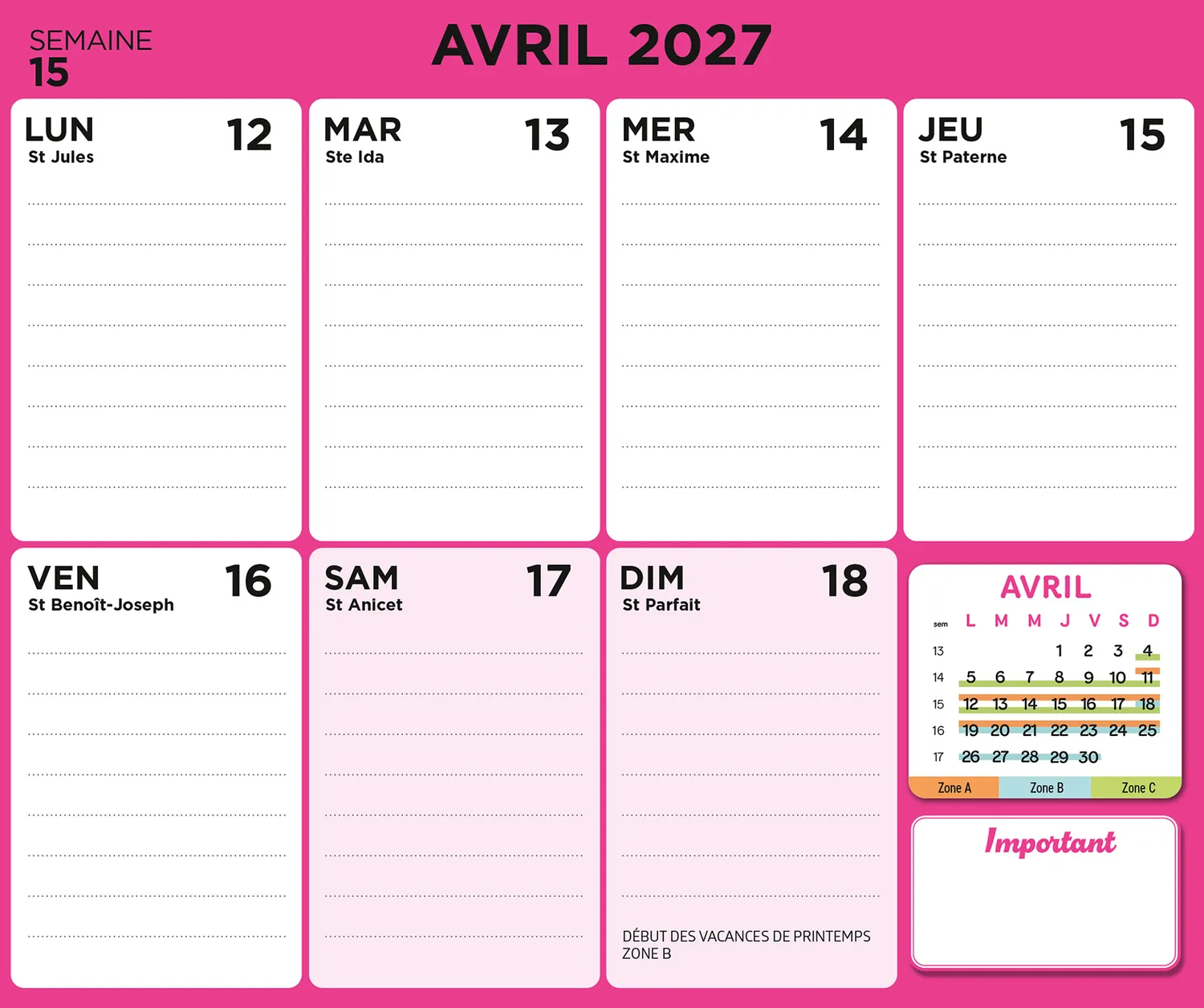 Frigobloc Simplissime 2027 calendrier familial mini 16 mois